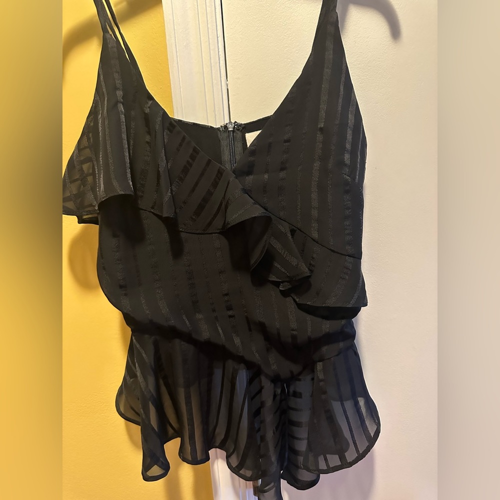 FANCO black ruffled adjustable spaghetti strap silky semi sheer top (S)